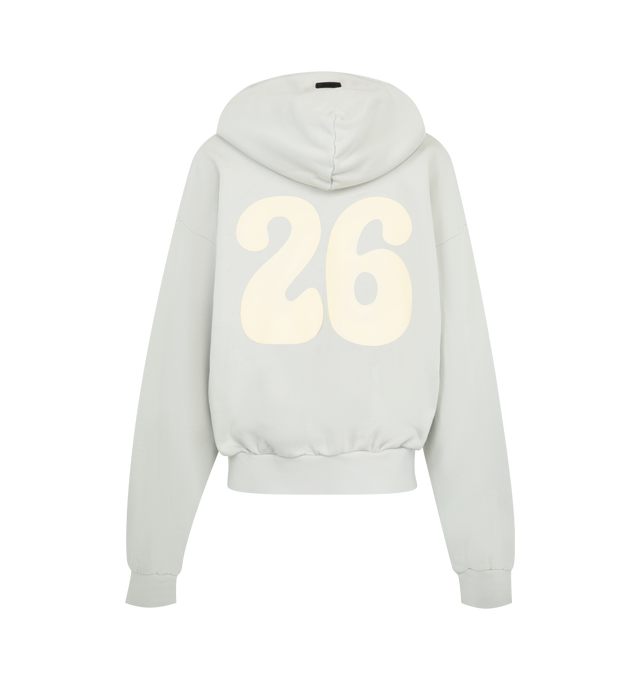 Image 2 of 2 - GREY - Fear of God Essentials Womens 90s Full Zip Hoodie is crafted from heavyweight 390 GSM cotton fleece with a pigment-dyed finish. Features a relaxed cropped fit, full-zip closure, dropped shoulders, rib-knit cuffs and hem, kangaroo pocket, contrasting stitching, puff-printed front graphic, back graphic, and Essentials label at the hood. Main Material: 100% Cotton. Imported 
