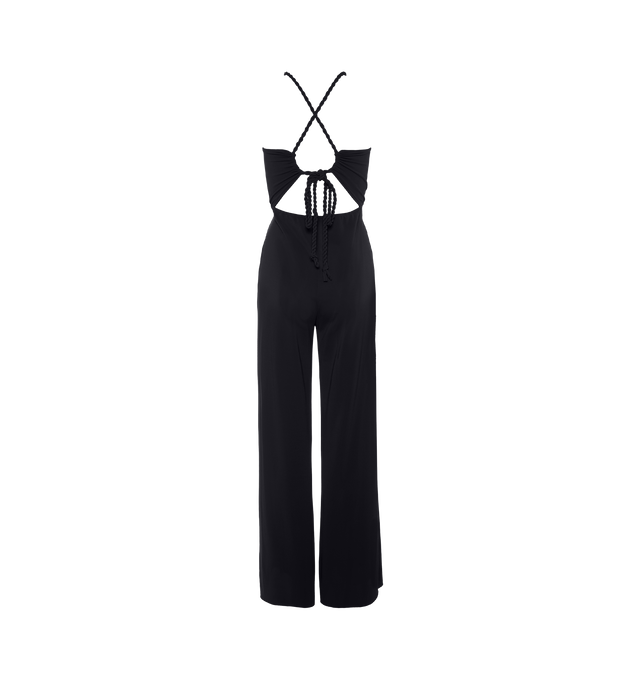 Image 2 of 5 - BLACK - ERES Donna Jumpsuit featuring sliding and twisted link to tie around the neck, adjustable straps crossed in the back, high neckline with shirring, open back and two side pockets. 94% Polyamid, 6% Spandex. Made in France.  