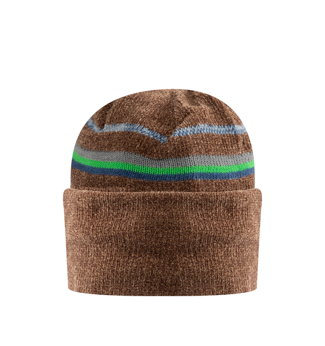 Image 1 of 2 - BROWN - MAISON MARGIELA Striped Knit Beanie featuring knit cotton-blend beanie, stripes throughout, rolled brim and white stitching at back face. 95% cotton, 5% wool. Made in Italy. 