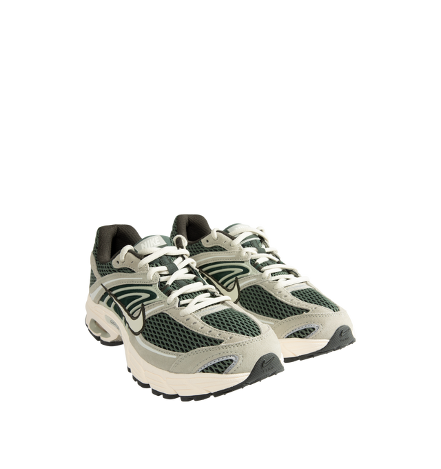Image 2 of 5 - GREEN - Nike Air Max Moto 2K Sneakers feature a layered upper crafted from synthetic leather and textile with metallic accents for a modern, Y2K-inspired look. These performance-inspired lifestyle sneakers combine Max Air cushioning, a lightweight foam midsole, and a durable rubber outsole for all-day comfort and reliable traction. Main Material: Synthetic Leather and Textile. Midsole: Foam. Sole: Rubber. 
