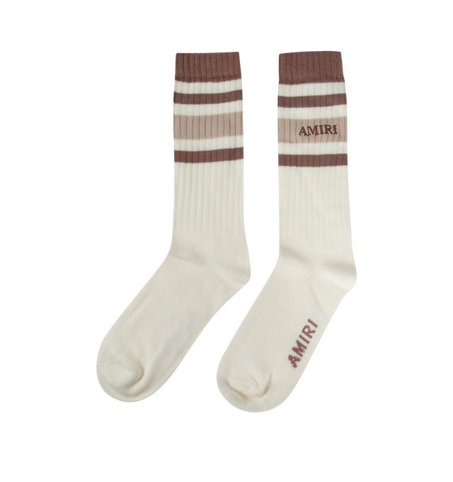 Image 2 of 2 - BROWN - AMIRI Stack Stripe Chunky Knit Crew Socks featuring the Amiri Stack motif with stripe detailing, ribbed cuff to prevent slipping and reinforced toe and heel.38% wool, 10% cashmere, 28% viscose, 22% polyamide, 2% elastane. Made in Italy. 