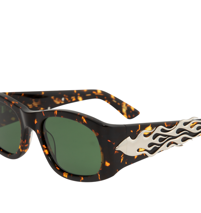 Image 3 of 3 - BROWN - PLEASURES Eazy Sunglasses featuring acetate frames and metal flames on arms. 