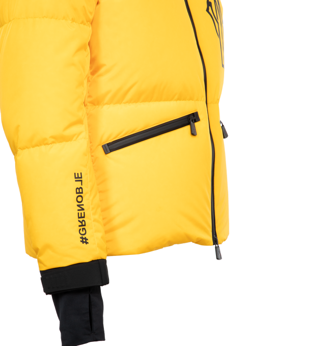 Image 5 of 6 - YELLOW - MONCLER GRENOBLE VERDONS JACKET featuring micro ripstop lining, down-filled, pull-out hood with visor, collar with fleece inner, water-repellent look zipper closure, water-repellent look zipped pockets, inner media pocket, ski pass pocket, windproof powder skirt, jersey wrist gaiters, adjustable cuffs and logo details. 100% polyamide/nylon. Padding: 90% down, 10% feather. 