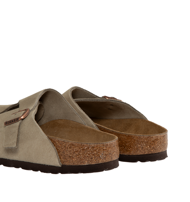 Image 3 of 4 - BROWN - BIRKENSTOCK Zurich Sandal featuring dual straps at vamp with adjustable metal pin buckle, anatomically shaped cork-latex footbed, pronounced arch support, roomy toe box and narrow fit. Suede upper with EVA sole. 