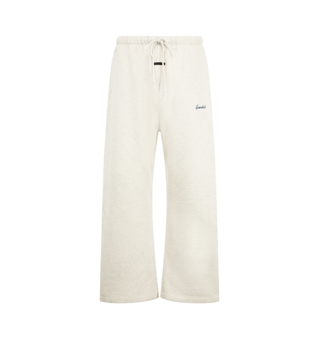 Image 1 of 3 - WHITE - Fear of God ESSENTIALS Men's Signature Flare Sweatpant is crafted from heavyweight 380 GSM cotton-blend fleece and features a relaxed-fit silhouette that extends into a flared leg. Designed with the Essentials signature logo embroidered at the leg, this elevated loungewear style is finished with an encased elastic waistband, elongated drawcords, side-seam pockets, and a signature Essentials label at the center front. Main Material: 80% Cotton, 20% Polyester, 380 GSM.  