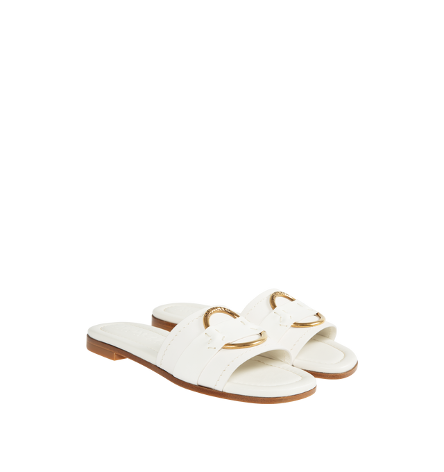 Image 2 of 4 - WHITE - MONCLER Bell Slide Shoes featuring leather upper, slip on and gold-colored metal logo ring detail. 100% leather. 