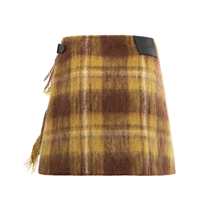Image 2 of 4 - YELLOW - LOEWE Wrap Skirt in medium-weight mohair and wool blend featuring an allover check pattern, a wrap construction with a leather belt detail, fringes at the front, regular fit, short length, mid waist, concealed button fastening and fully lined. Mohair, wool, polyamide. Made in Italy. 