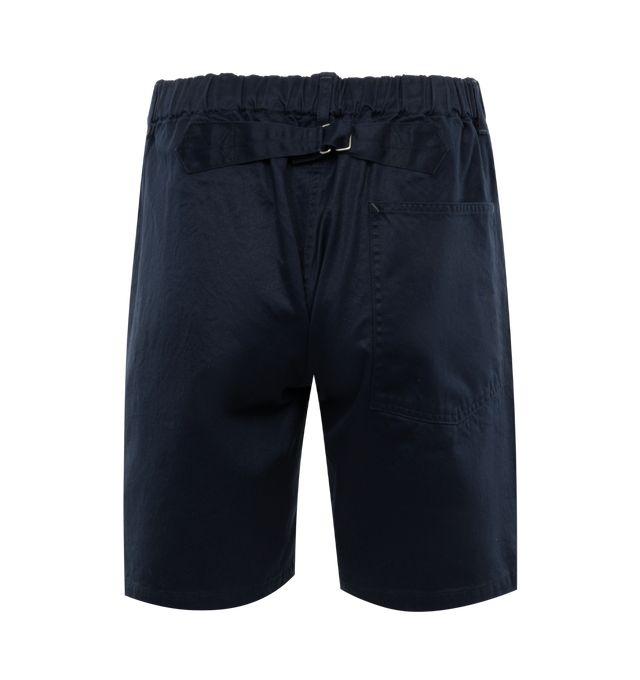 Image 2 of 3 - NAVY - POST O'ALLS E-Z Army Shorts featuring elasticated waistband, belt loops, button closure, patch pockets and cinch on reverse. 100% cotton. Made in Japan. 