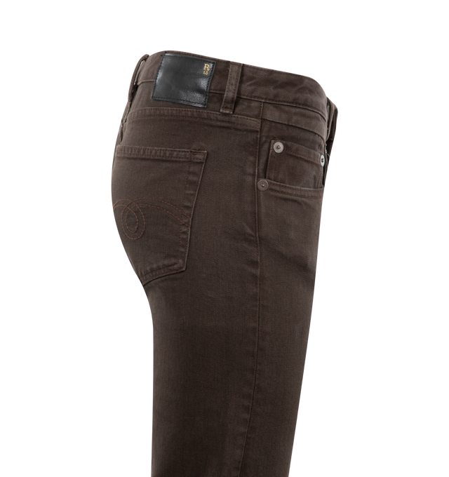 Image 2 of 2 - BROWN - R13 Boy Flare Jeans featuring mid-weight stretch denim, faded wash and distressed design, leather logo patch at back, full length, button closure and zip fly, 5-pocket styling and low rise. 97% cotton, 3% polyurethane. 