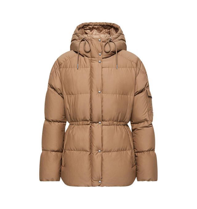 Image 1 of 1 - NEUTRAL - Moncler Women's Himalaya Down Jacket is crafted from a cotton and nylon blend and features a loose-fit silhouette, down-filled insulation, an adjustable hood, and a front zip-and-snap-button closure. Inspired by Moncler's expedition heritage, this modern interpretation of the iconic Himalaya is finished with zipped exterior and interior pockets, a drawstring hem for a customizable fit, and a vintage-inspired metal logo that references archival alpine insignia. Main Material: 73% Cot 