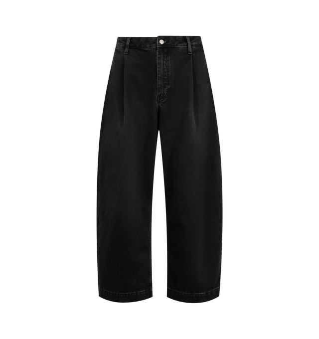 Image 1 of 3 - BLACK - Studio Nicholson Puch Denim Pant is crafted from rigid Italian denim and features a mid-rise, oversized silhouette defined by exaggerated volume and sharp single pleats. Designed with a wide-leg shape, wide cuffs, welt front pockets, U-line back pockets, and a zip-fly with button closure, the pant delivers the brand's signature architectural approach to tailoring. Main Material: 100% Organic Cotton. Made from 13oz Italian Denim. 