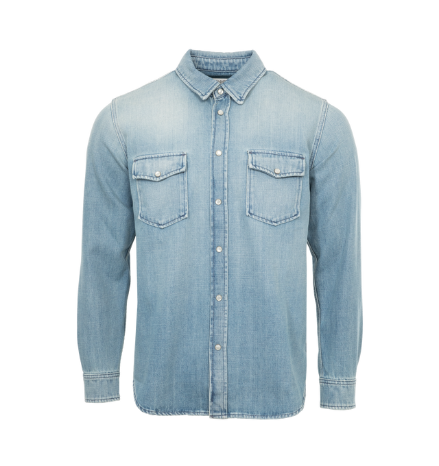 Image 1 of 3 - BLUE - SAINT LAURENT Sarli Denim Shirt featuing front pockets, classic collar, mother of pearl button closure and long sleeves. 100% cotton. 