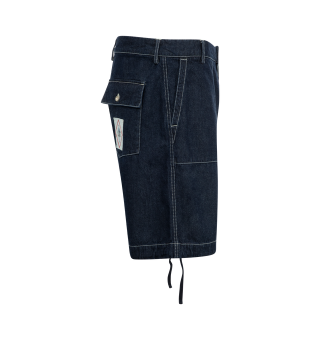 Image 3 of 3 - BLUE - C.P. Company Denim 3/1 Shorts have a front button closure, side pockets, back pockets with button and flap closures, drawstring hems, and a logo patch at the back.  