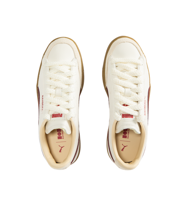 Image 5 of 5 - WHITE - PUMA x NAHMIAS Suede Vintage Sneaker featuring a distressed leather formstrip and trim, crochet laces, PUMA x Nahmias friendship lace beads, a Lets Be Friends interior graphic and round toe. 