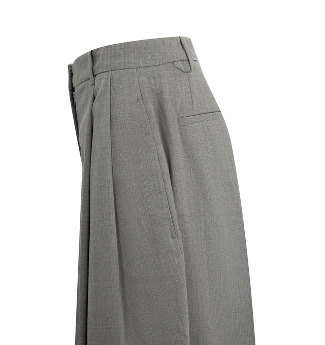 Image 3 of 3 - GREY - JACQUEMUS The Man's Pants featuring high-rise, openweave wool, waistband with belt loops, zip fly with hook and button, slash pockets, double pressed-pleats, wide curved leg, J belt loop in the back and back welt pockets. 98% virgin wool, 2% elastane. Lining: 55% cotton, 45% polyester. Made in France. 