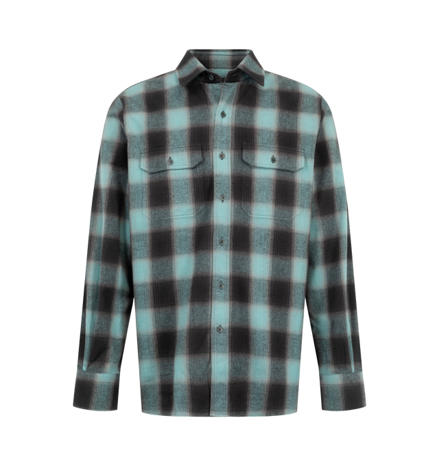 Image 1 of 2 - BLUE - Tom Ford Men's Button-Up Plaid Shirt is crafted from brushed cotton and features a classic check pattern in grey and light blue tones. Designed with a classic collar, long sleeves, and buttoned cuffs, the shirt is finished with a button-front closure, two chest flap pockets, and a curved hem for a refined yet casual silhouette. Main Material: 100% Cotton. Made in Italy. 
