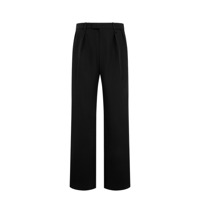 Image 1 of 3 - BLACK - The Willy Chavarria Men's Vestimenta Pleated Trouser is cut in a tailored, wide-leg silhouette with double knife pleats at the front for a defined shape. Crafted from 100% virgin wool, it features in-seam pockets and welt pockets at the back. Finished with a key loop and a signature W at the center back. 