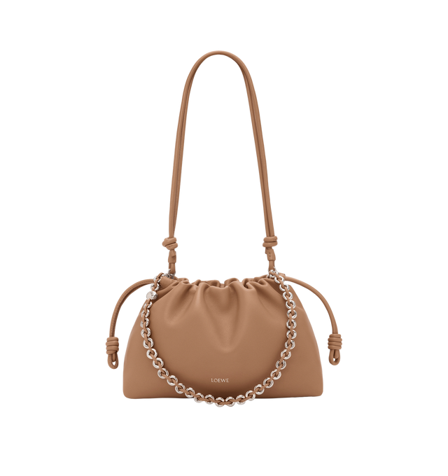 Image 3 of 6 - BROWN - LOEWE Medium Flamenco Purse featuring a lightweight and soft bag with a ruched shape, historical knot drawstrings, shoulder, crossbody or hand carry, detachable donut chain with Anagram Pebble, detachable and adjustable leather strap, magnetic closure, suede lining and embossed LOEWE. Mellow nappa lambskin. 20 cm x 30 cm x 10.5 cm. Made in Spain. 