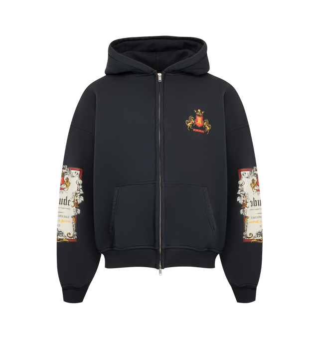 Image 1 of 2 - BLUE - Rhude Mens Bordeaux hoodie crafted from heavyweight cotton. Features a full zip-front closure with custom Rhude hardware, adjustable hood, front chest and back RHUDE Motor Crest graphics, and ribbed cuffs and hem. Main Material: 100% Cotton. Made in USA. 