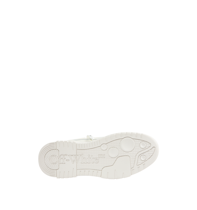 Image 4 of 5 - WHITE - Off-White Out of Office Animation Sneakers are a lace-up style with leather and polyester outers, a logo engraved shoelace tag, and rubber soles.   