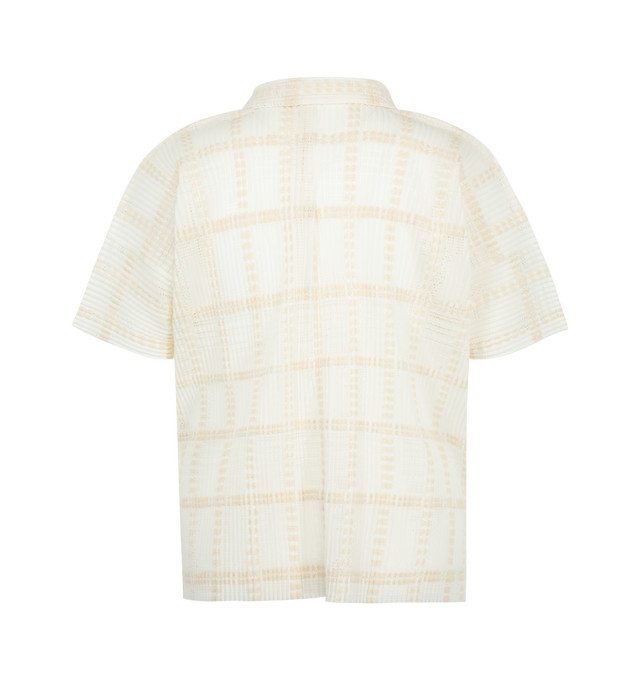 Image 2 of 2 - WHITE - Issey Miyake Men's Lace Grid Pleats Shirt is crafted from a lace-like cotton-blend polyester fabric and features an expressive pleated texture with a sheer, three-dimensional finish ideal for layered styling. Designed with an open collar, button-front closure, and side slits for ease of movement. Main Material: 75% Polyester, 25% Cotton. Collar: Open Collar. Closure: Button Front. Details: Side Slits.  