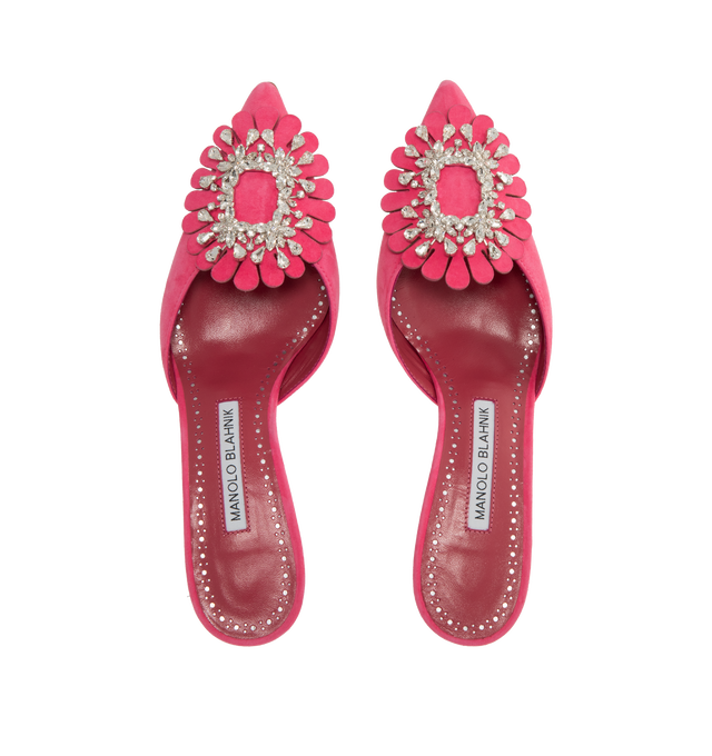 Image 4 of 4 - PINK - MANOLO BLAHNIK Shog Mule featuring suede mule pump, tonal floral-cut accent and crystal-embellished buckle, pointed toe, slide style and leather lining and outsole. 2.00 in/50 mm stiletto heel. Made in Italy. 