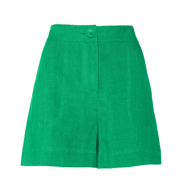 Image 1 of 5 - GREEN - ERES Correct High-Waisted Shorts featuring opening with button and zipper, two patch side pockets and wide hems at the bottom. 100% Linen. Made in Bulgaria. 