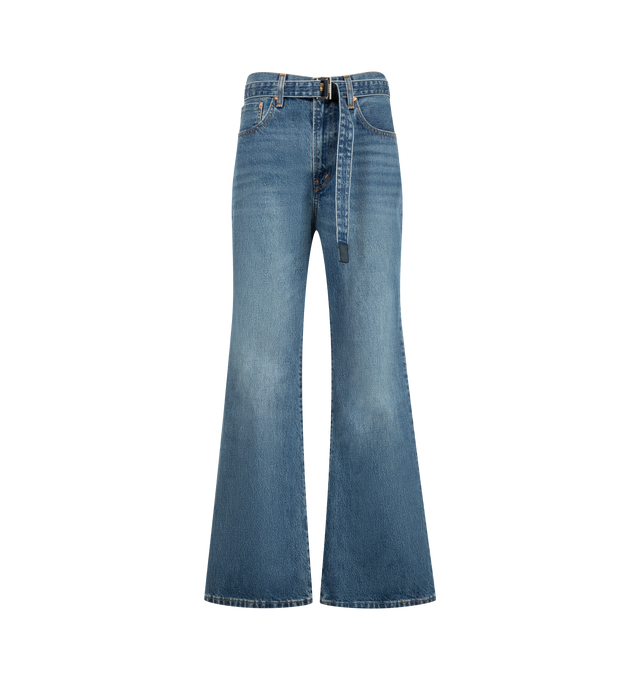 Image 1 of 5 - BLUE - Sacai X Levi's Women's Belted High-Rise Flare-Leg Jeans are crafted from a medium-wash cotton denim and feature a high-rise waist, flare-leg silhouette, a buckled belt, signature Levi back-pocket design, and utility-inspired patch pockets. Main Material: 100% Cotton.  Made in Japan. 