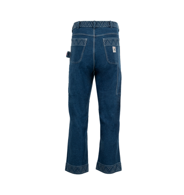 Image 2 of 4 - BLUE - BODE Embroidered Denim Knolly Brook Trousers featuring straight-leg fit, hammer loop detail, button and zip fastening, embroidery along the waistband and hem and a "Knolly Brook, a Bode Product" label above the front right pocket. 100% cotton. 