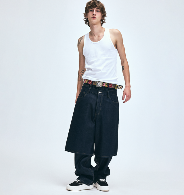 Image 6 of 7 - NAVY - NAHMIAS X HIRSHLEIFERS Indigo Baggy Carpenter Shorts featuring 5-pocket style, baggy fit and Nahmias button closure. 100% cotton. 