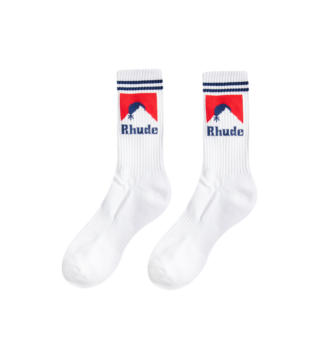 Image 2 of 2 - WHITE - RHUDE Moonlight Socks featuring calf-high knit stretch cotton-blend socks, jacquard logo graphic and rib knit cuffs. 80% cotton, 12% polyester, 8% spandex. Made in China. 