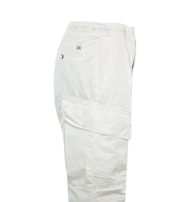 Image 3 of 3 - WHITE - C.P. COMPANY Microreps Loose Cargo Pants featuring zip fly and button fastening, belt loops, slanted hand pockets, twin back pocket and logo detail. 100% cotton. 
