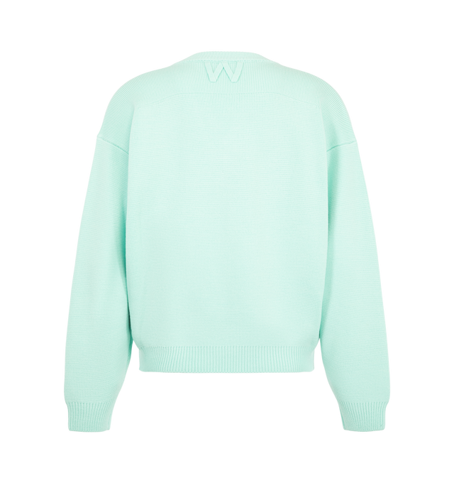 Image 2 of 2 - GREEN - Willy Chavarria V-Neck Sweater is crafted from premium wool and features a relaxed silhouette with dropped shoulders and a classic V-neckline. Designed with ribbed trims and subtle logo embroidery on the front side. Main Material: 100% Wool. Made in Italy. 