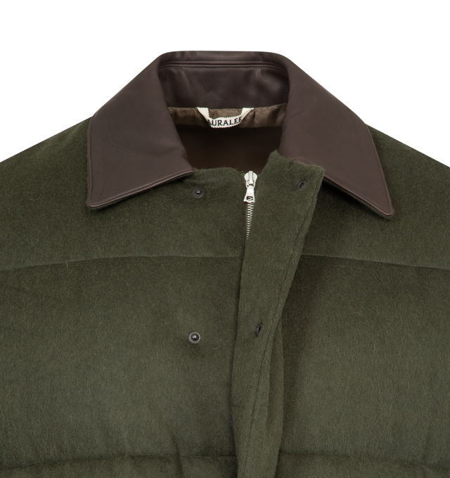 Image 4 of 4 - GREEN - AURALEE Baby Camel Flannel Down Blouson featuring concealed zipper closure with snap buttons, contrast collar, flap pockets on front with snap button closure, adjustable hem with drawstring and relaxed fit. 100% baby camel flannel. 
