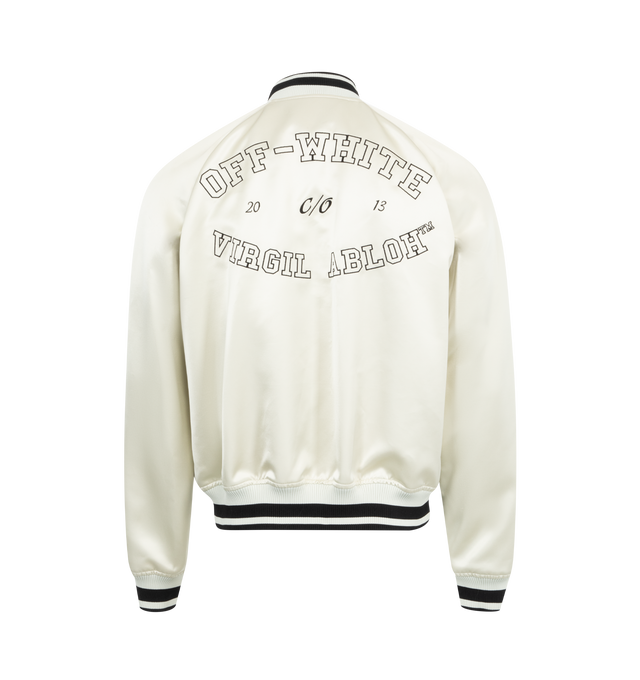 Image 2 of 2 - WHITE - OFF-WHITE College Sateen Souvenir Jacket featuring tripes at rib knit stand collar, hem, and cuffs, press-stud closure, welt pockets, logo and text embroidered at front and back and logo-engraved silver-tone hardware. 