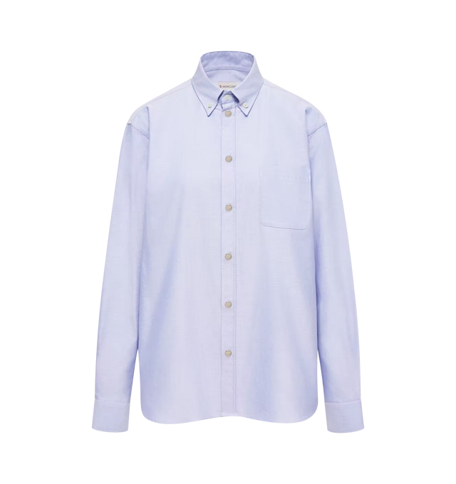 Image 1 of 1 - BLUE - Moncler Men's Cotton Shirt is crafted from pure cotton and features a clean, timeless silhouette designed for versatile everyday wear. Finished with a pointed collar, long sleeves, button-front closure, and signature Moncler logo patch, this designer shirt offers a refined yet effortless approach to classic menswear. Exterior: 100% Cotton. Closure: Button Front. Made in Romania. 