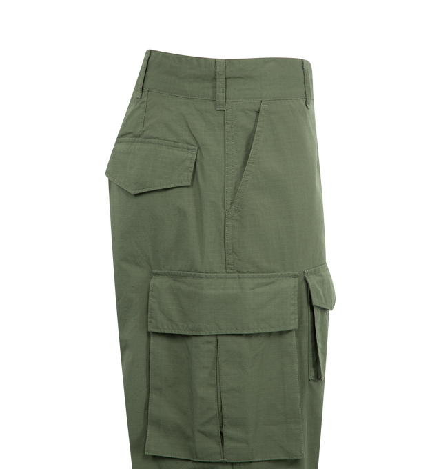 Image 3 of 3 - GREEN - Engineered Garments FA Pants have a button and zip closure, belt loops, side pockets, and mulitple cargo pockets. 100% cotton.  