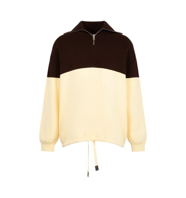 Image 1 of 2 - MULTI - Loewe Men's Sweater in Cotton Blend is crafted from a medium-weight compact double-face cotton blend and features a relaxed-fit silhouette with a regular length. Designed with a half zip-up collar, double-face stitch construction, ribbed cuffs, an elasticated drawstring hem with leather end cords, and a 3D Anagram logo at the chest. Main Material: Cotton Blend. Made in Italy. 