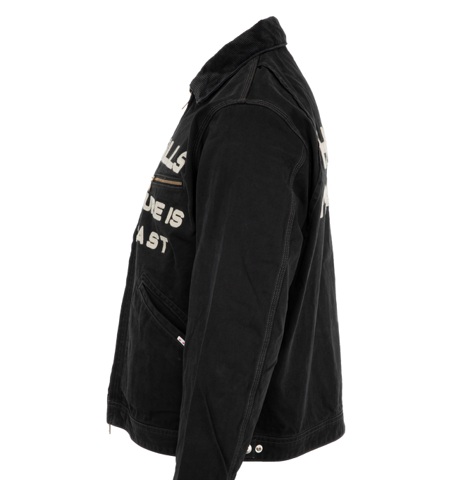 Image 3 of 5 - BLACK - Human Made Men's Zip-up blouson jacket in thick duck cloth. Details include a corduroy collar and chain-stitched graphics. 