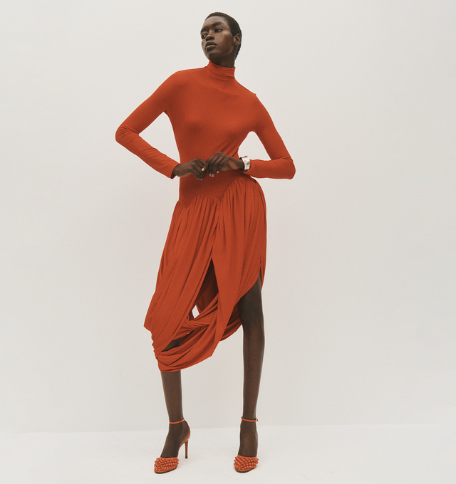 Image 3 of 3 - RED - FERRAGAMO Turtleneck Dress featuring fitted bodice, high neck, long sleeves, a smooth finish and tulip silhouette skirt. 92% sustainable viscose, 8% elastane. 