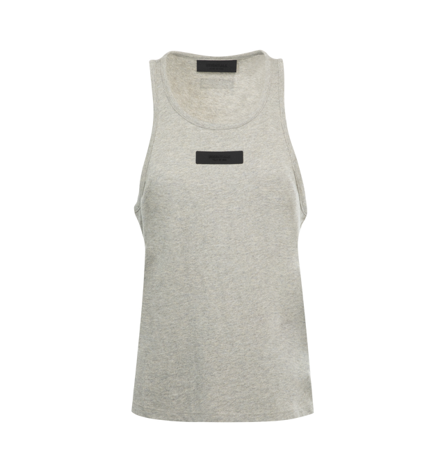 Image 1 of 2 - GREY - FEAR OF GOD ESSENTIALS Tank Top featuring a U-neckline, fixed straps, a relaxed body with dropped armholes, and minimalistic rubber brand labels at the upper back and chest. 53% cotton, 40% polyester, 7% rayon.
