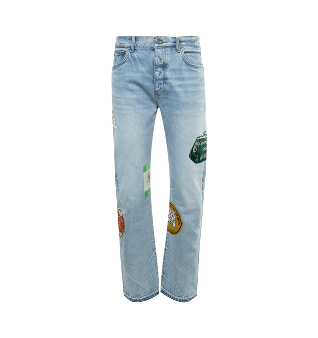 Image 1 of 3 - BLUE - AMIRI Travel Patch Straight Jean featuring 5 pockets, zip fastening, straight fit and embroidered patches. 100% cotton. 