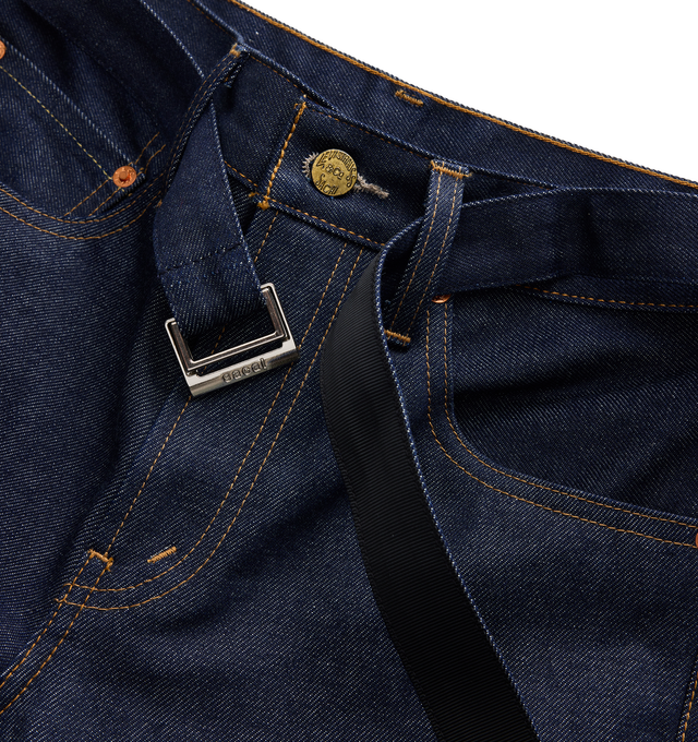 Image 5 of 8 - BLUE - Sacai X Levi's Men's Belted Wide leg pants are crafted from a medium-dark wash cotton denim and feature a high-rise waist, wide-leg silhouette, a buckled belt, signature Levi back-pocket design, and utility-inspired patch pockets. Main Material: 100% Cotton. Made in Japan. 