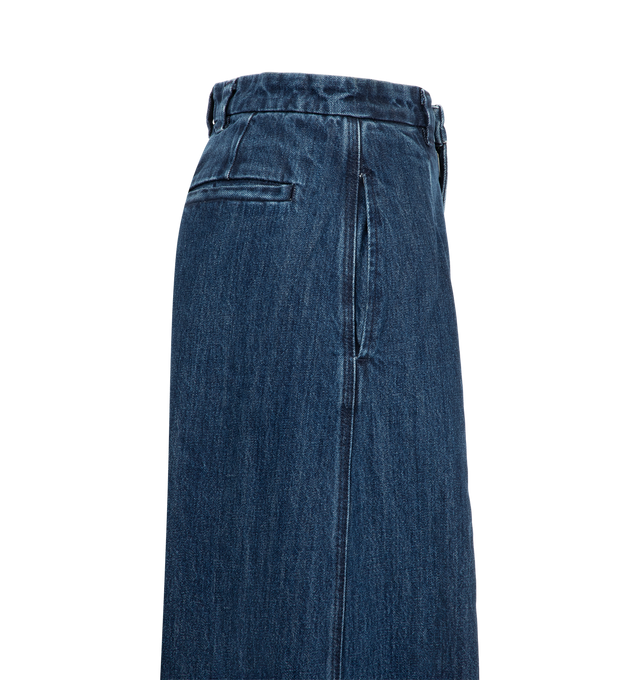 Image 3 of 3 - BLUE - Radh Women's The Crewe Jean is crafted from dark wash denim and features a high-rise trouser-inspired silhouette with a straight, elongated leg. Presented in the Irvine Wash, this designer jean is detailed with front pleats that add volume and movement while maintaining a polished, tailored look. Main Material: 75% Regenerative Cotton, 25% Recycled PIW Denim. Hardware:  60% recycled brass and 100% recycled stainless steel tacks in a semi-precious real gold finish. Made in the USA. 