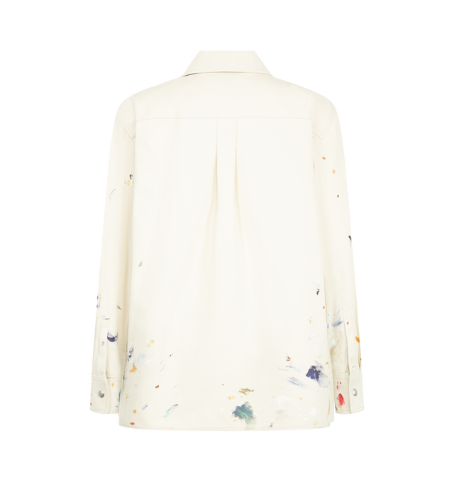 Image 2 of 3 - NEUTRAL - Bottega Veneta Men's Paint Splatter Shirt Jacket is crafted from 100% cotton canvas material and features an allover paint splatter motif inspired by an artists studio aesthetic. Designed with a point collar, front zip closure, long sleeves, and flap chest pockets. Main Material: 100% Cotton. Closure: Front Zip. Collar: Point Collar. Pockets: Front Flap Pockets. Made in Italy. 