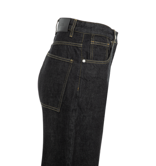 Image 3 of 3 - BLACK - Studio Nicholson Women's high-waisted denim pant with a curved shape through the leg constructed from a 14oz denim. Featuring a flat front, two hand pockets and two rear patch pockets, concealed zip fly with metal button closure and belt loops. 100% Cotton. 