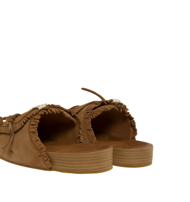 Image 3 of 4 - BROWN - VISVIM Christo Shaman-Folk Slides featuring a cork footbed, suede upper, fringed detailing and custom Vibram rubber heel.  