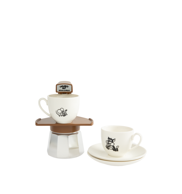 Image 1 of 4 - MULTI - Brew rich espresso anywhere with the Carhartt WIP Coffee Break Espresso Maker, created in collaboration with iconic Italian stovetop coffee maker manufacturer Gemini Express. Crafted from durable, quick-heating aluminum alloy, this portable espresso maker features a heat-resistant handle and secure pressure valve for safe, reliable brewing. Complete with two branded espresso cups and saucers, it's compatible with gas, electric, and camping stovetops. 