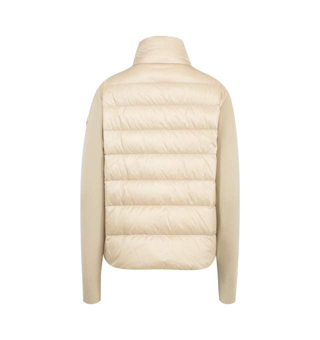 Image 2 of 3 - CHAMPAGNE - MONCLER Padded Cardigan featuring ultra-fine Merino wool, longue saison lining, down-filled longue saison front, rib knit sleeves, gauge 14, zipper closure, zipped pockets and logo patch. 100% polyamide/nylon. 100% virgin wool. Padding: 90% down, 10% feather. 