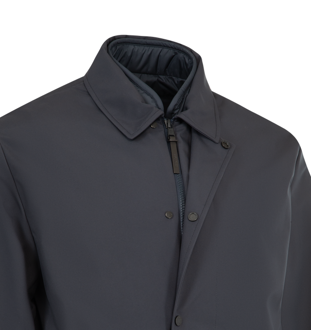 Image 4 of 5 - BLUE - MONCLER Brecon Mid-Length 3-in-1 Down Shirt Jacket featuring Airsoft lining, water-repellent main fabric, detachable down-filled double Airsoft vest with zipper closure, zipped pockets and leather-trimmed chest pocket, collar, detachable hood, snap button closure, side pockets, inside fabric description label and leather logo label 100% polyester. 